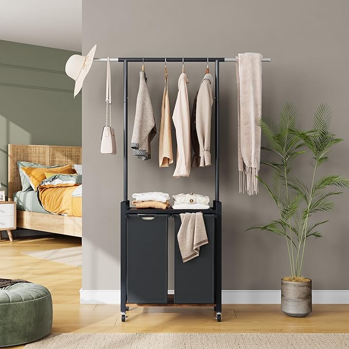 IDEALHOUSE 2-Section Laundry Sorter,Rolling Laundry Hamper with Hanging Rack & Shelf, 2× 11.7 Gal (44.3 L), Basket Organizer with Lockable Wheels,Folding Station for Bedroom, Bathroom