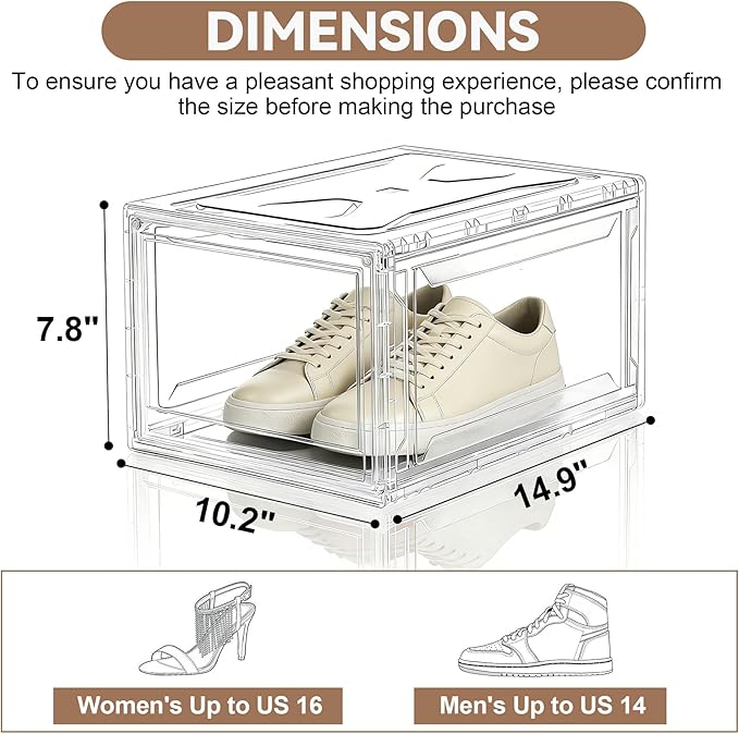 BVBOX Acrylic Shoe Storage Boxes with Magnetic Door - 360° Clear Stackable Shoe Display Box Set, Plastic Shoe Cabinet Rack Box for Sneakers Heels Shoes (1, Clear, L - Front Open)