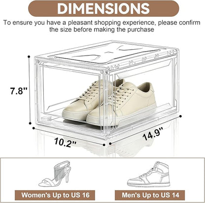 BVBOX Acrylic Shoe Storage Boxes with Magnetic Door - 360° Clear Stackable Shoe Display Box Set, Plastic Shoe Cabinet Rack Box for Sneakers Heels Shoes (1, Clear, L - Front Open)