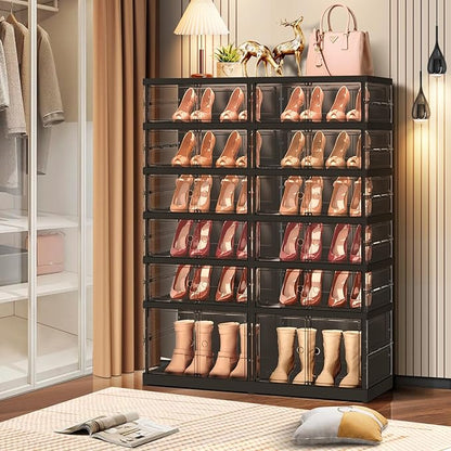 CIMLORD 6-Tier Foldable Shoe Rack for Closet Entryway 12-24Pairs,Stackable Clear Shoe Storage Boxes Organizer with Door Plastic Shoe Cabinet Bins with Lids Shoes Shelf Easy Assembly Large Black