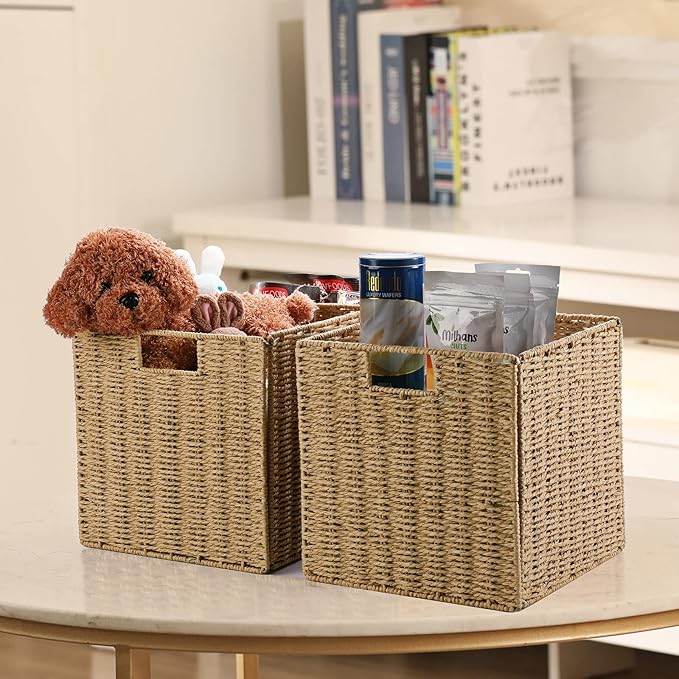 Vagusicc Wicker Storage Basket, Set of 2 Hand-Woven Storage Baskets for Shelves with Handles Foldable Cube Storage Baskets Bins, 9 inch Wicker Baskets for Pantry Bedroom Organizer &Decor, Natural