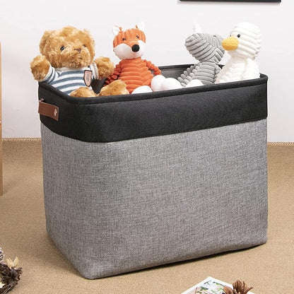 DULLEMELO Large Collapsible Storage Basket/Bin with Sturdy Leather Handles, Fabric Organizer Bin for Storage Clothes, Books, Office, Bedroom, Closet, Nursery & Laundry (Black&Gray)