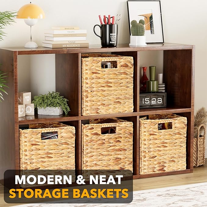 SpaceAid 4 Pack Wicker Basket, Storage Baskets for Organizing, Woven Rattan Basket with Handles for Shelves, Water Hyacinth Large Cube Organizer Storage Bin, 12x12x12 inch, Natural
