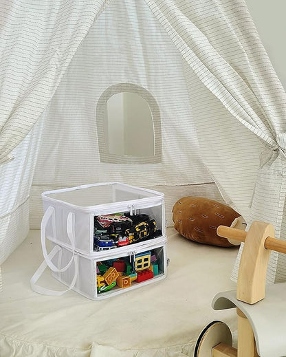 holay 2 Pack Foldable PVC Storage Bins with Transparent Lid & Handles, 12 x 12 x 6 Inch Organizer Boxes for Clothes, Toys & Books (White, Medium)