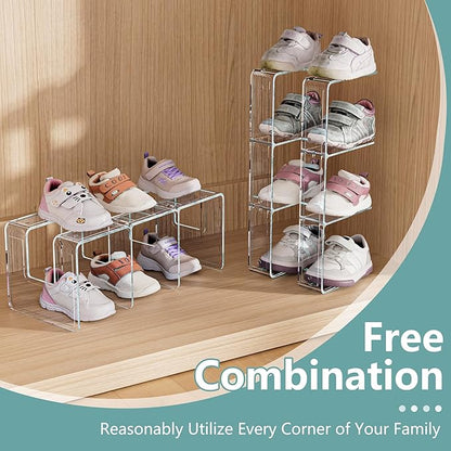 Acrylic Kids Shoe Rack Organizer 3-Section, Toddler Shoe Organizer for Closet, 2 Pack Baby Shoe Storage Shelf, Purse Rack Organizer