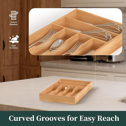 Silverware Organizer, Bamboo Kitchen Drawer Organizer, Utensil Holder, Cutlery Tray & Spoon Flatware Storage with Grooved Drawer Dividers (10''W x 16''D)