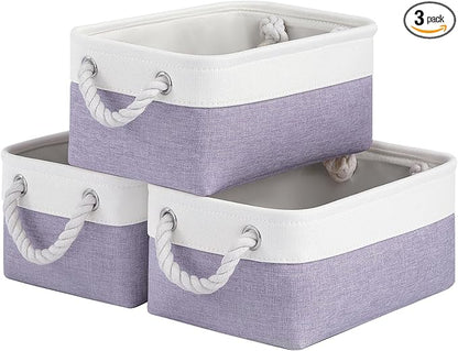 Storage Baskets for Shelves 11.8x7.9x5.2 Inch, Foldable Fabric Storage Bins with Handles, Small Storage Baskets for Organizing Closet, Office, Home Organization (3-Pack, White&Purple)