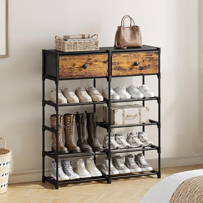 Shoe Rack, 6 Tier Shoe Rack Organizer with 2 Large Drawers, Shoe Storage for 20-24 Pairs, Sturdy Metal Shoe Shelf Shoe Stand for Closet Entryway, Rustic Brown and Black