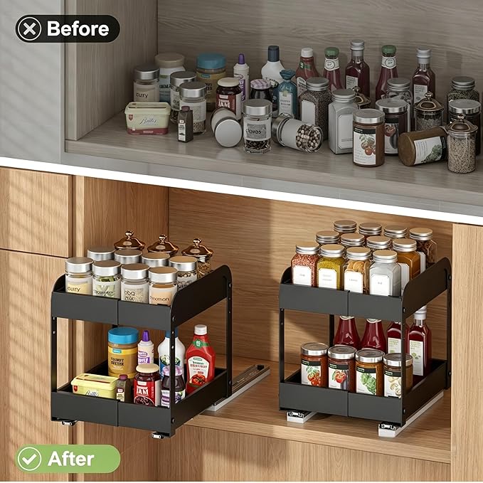 Across-Star Expandable Pull Out Spice Rack For Cabinet, 2-Tier No Drill Slide Out Drawers For Kitchen Cabinet with Adjustable Height, Metal Pullout Spice Holder Seasoning Shelf Inside Cabinet