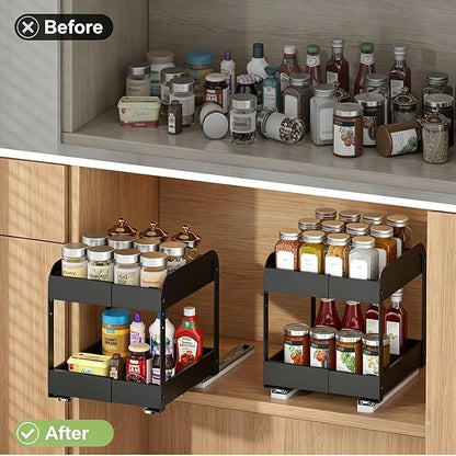 Across-Star Expandable Pull Out Spice Rack For Cabinet, 2-Tier No Drill Slide Out Drawers For Kitchen Cabinet with Adjustable Height, Metal Pullout Spice Holder Seasoning Shelf Inside Cabinet