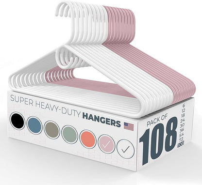 Super Heavy Duty Clothes Hangers 100 Pack (108 Count) – Made in the USA - 10lb Capacity, Thick Plastic Hangers for Pants, Coats, Jackets, Jeans and Adult Clothing – White & Pink