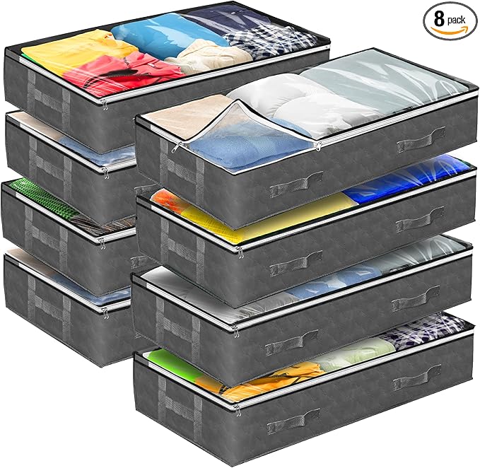 Reli. 90L Under Bed Storage Containers (8 Pack) | Closet Organizer with Clear Window | Underbed Storage Bins for Towels, Sweaters, Linens | Large Organizer for Closet (Gray)