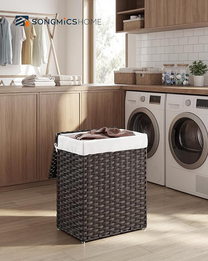 SONGMICS HOME Laundry Hamper with Lid, Clothes Basket with Removable Liner and Handles, 23.8 Gallon, Foldable Narrow Laundry Organizer for Bathroom, Bedroom, Dark Brown