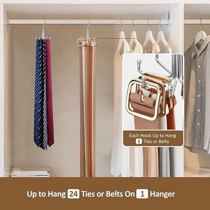 ZEDODIER Tie Hanger for Closet, 2 Pack Rotatable Tie Organizer for Men with 8 Hooks, Heavy Duty Space Saving Tie Rack for Ties and Belts, Silver