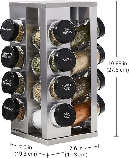 Kamenstein 16 Jar Heritage Revolving Countertop Spice Rack Organizer with Spices Included, FREE Spice Refills for 5 years, Brushed Stainless Steel with Black Caps | Revolving