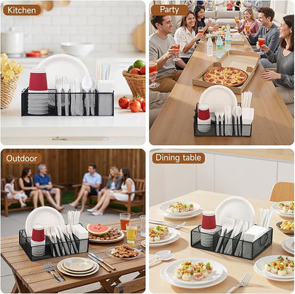 Utensil Caddy with Handle, Metal Paper Plate Holder for Kitchen Counter,Silverware Cutlery Caddy Organizer Flatware Storage for Plastic Spoon Fork Plates Napkins Cup Party Camping Black