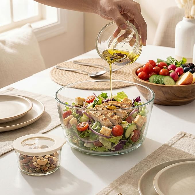 Urban Green Glass Food Container Set with Glass Lid, 3 Pack, Meal Prep Containers with Silicone Airtight Lid, 1 Large Glass Salad Bowl, 2 small dressing containers,Leakproof, 100% Plastic Free