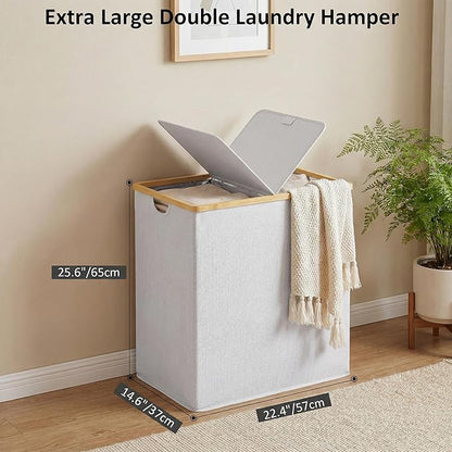 efluky Laundry Hamper with Lid, Double Laundry Basket with 2 Removable Bags, 2 Section Laundry Bin with Bamboo Handles for Bathroom, Bedroom & Laundry Room, 140L (36.9 Gallon) Light Grey