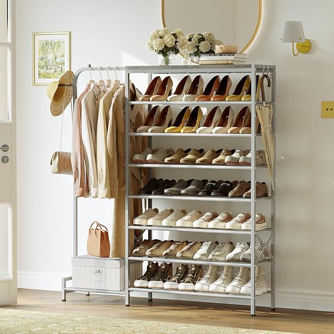 Shoe Rack with Coat Rack, 8 Tier Tall Shoe Storage Organizer with Hooks, 3-in-1, Wooden Top Shelf, Sturdy Frame, Metal Clothes Hanger Stand for Entryway, Closet, Silver