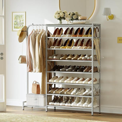 Shoe Rack with Coat Rack, 8 Tier Tall Shoe Storage Organizer with Hooks, 3-in-1, Wooden Top Shelf, Sturdy Frame, Metal Clothes Hanger Stand for Entryway, Closet, Silver