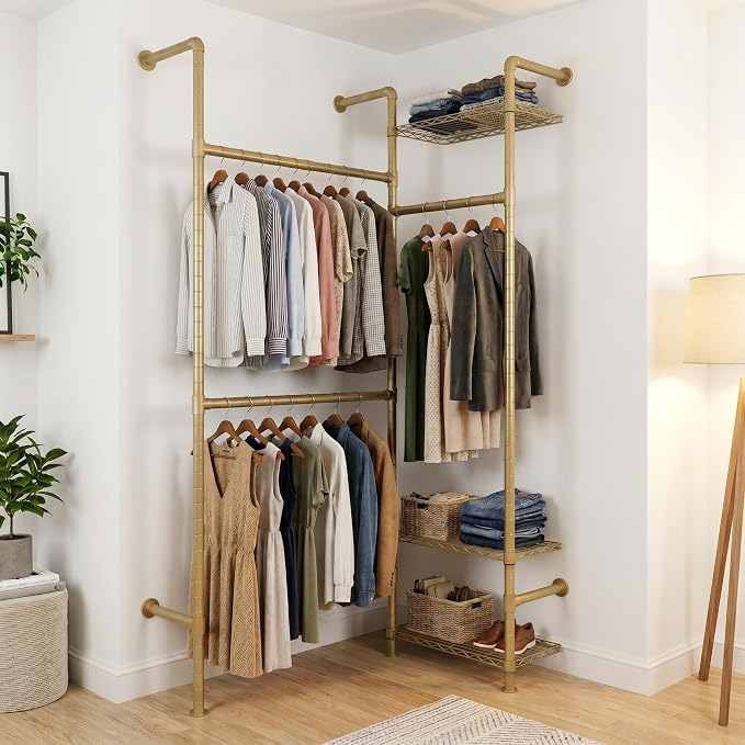 Wall Mounted Closet System – Adjustable Clothing Rack with 2 Expandable Rods & 3 Shelves, Heavy Duty Industrial Pipe Clothes Rack for Closet Organizer and Storage, Gold