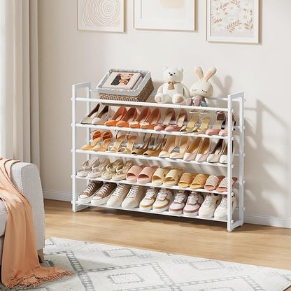 FAVOOSTY 5-Tier Expandable Shoe Rack, Adjustable Shoe Shelf Storage Organizer Space Saving Metal Free Standing Shoe Rack for Entryway Closet Doorway, Silver Grey (White, 5 Tier)