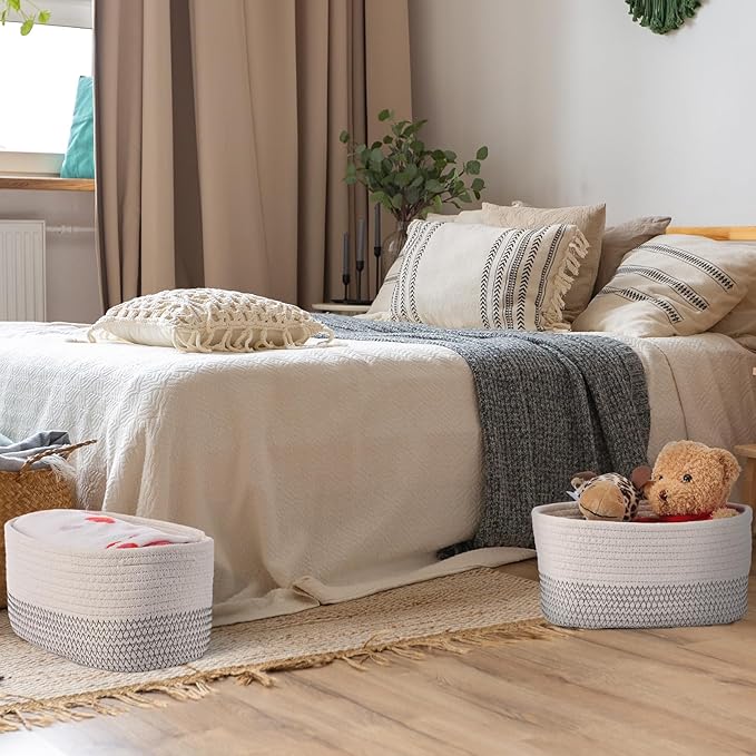 Sawysine 6 Pcs Storage Baskets Bulk for Organizing Cotton Rope Woven Basket with Handles for Gift Cloth Shelves Blanket Toys Living Room(White Grey)