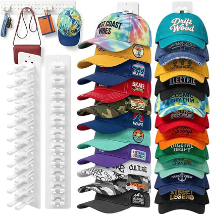2 Pack Hat Organizer for Baseball Caps,Detachable DIY Hat Rack for Wall Hold Up to 22 Hats,Baseball Cap Organizer Cap Holder Hat Hangers for Wall Closet Door Bedroom(1A-White)