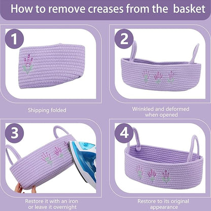 Vesici Storage Basket for Toilet Tank Top Lavender Purple Woven Cotton Rope Bathroom Countertop Toilet Paper Basket with Handle Boho Bathroom Decor for Organizer Nursery Toys 13 x 6 x 4 Inch