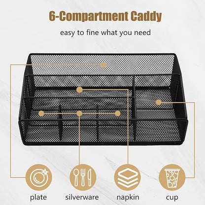 DysanVica Paper Plate Organizer for Countertop - Metal Silverware Caddy with 6 Compartments for Paper Plate Cup Napkin Utensil Holder Caddy for Party Camping Picnic Black