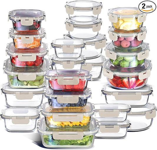 EATEX 48pc Glass Storage Containers with Lids, 24 Glass Food Storage Containers with 24 Airtight Lids for Pantry & Kitchen, Meal Prep Containers for Lunch, Oven Freezer Microwave & Dishwasher Safe