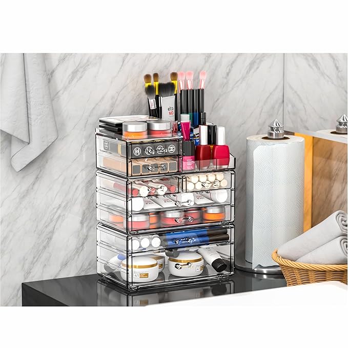 Acrylic Clear Make up Organizers And Storage for Vanity,Bathroom Skincare Organizer With 8 Drawer for Dresser,Plastic Desk Accessories Organization,Cosmetic Organizer Countertop for Beauty,Skin Care