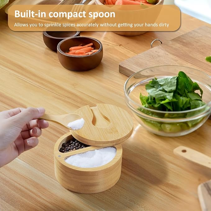 OUTNILI 2-Compartment Salt Box with Lid and Spoon, Bamboo Salt Cellar with Swivel Lid, Salt and Pepper Bowls for Salt & Spices, Dual 6 oz Salt Container