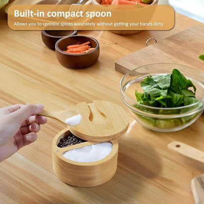 OUTNILI 2-Compartment Salt Box with Lid and Spoon, Bamboo Salt Cellar with Swivel Lid, Salt and Pepper Bowls for Salt & Spices, Dual 6 oz Salt Container
