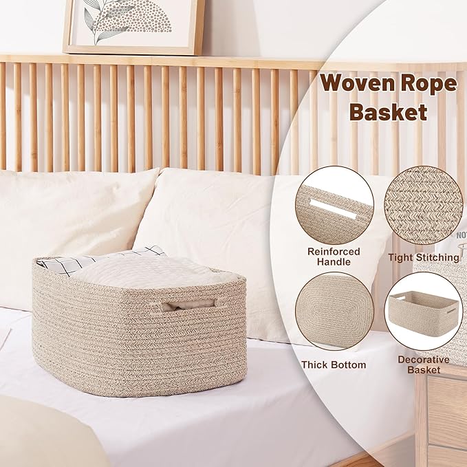 OIAHOMY Storage Basket for Shelves, Closet Cube Storage Bins Baskets for Clothes Blanket Towels, Baby Nursery, Toy Baskets Box, Woven Rope Basket, 17.72 * 12.99 * 7.87 IN, 2 Packs Brown