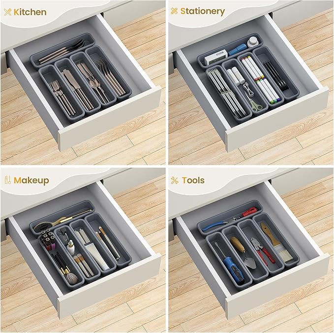 5 Pack Silicone Drawer Organizer for Kitchen, DIY Free Combination Silverware Organizer, Utensil Drawer Organizer, Moisture-proof and Heat-resistant up to 200°C, Anti-slip Design (Grey)