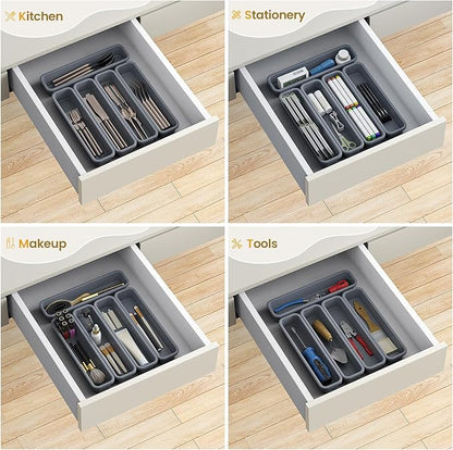 5 Pack Silicone Drawer Organizer for Kitchen, DIY Free Combination Silverware Organizer, Utensil Drawer Organizer, Moisture-proof and Heat-resistant up to 200°C, Anti-slip Design (Grey)