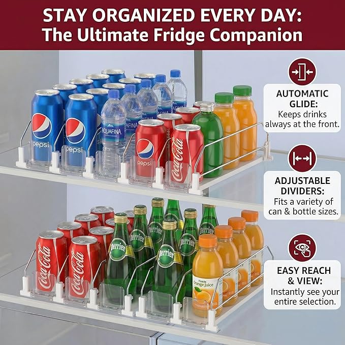 Self-Pushing Beverage Organizer for Fridge – Adjustable Spring Loaded Drink Dispenser & Soda Can Organizer – Clear Glide Rack Fits Cans, Bottles, Slim & Standard Sizes for Kitchen Pantry (5 Rows)