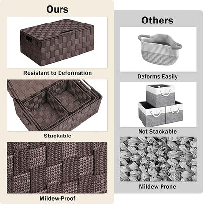 Storage Bins Baskets for Organizing with Lids, Storage Baskets for Shelves Stackable Woven Basket, Gift Small Basket Storage Cubes, Decorative Wicker Basket with Built-in Handles (5 Pack, Brown)
