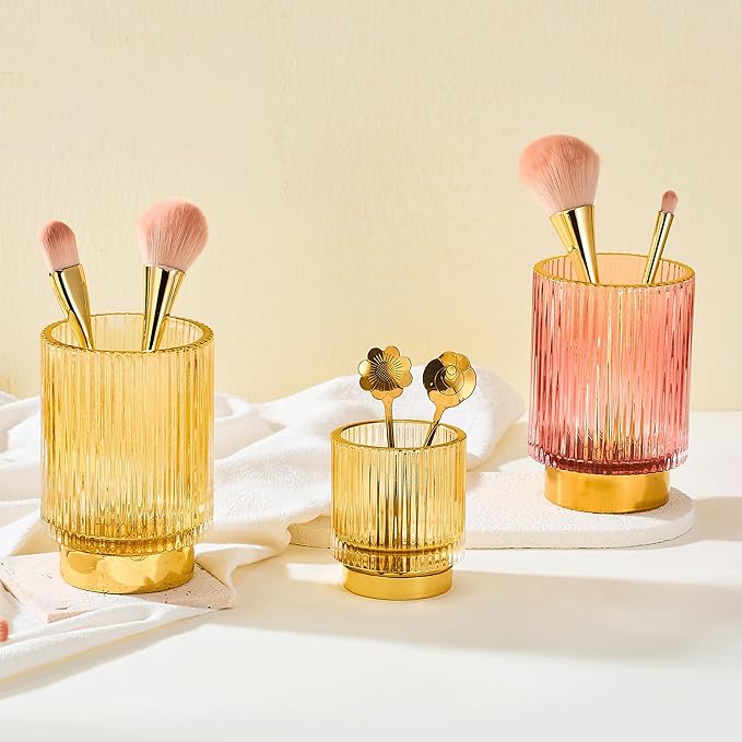 Makeup Brush Holder Organizer,Toothbrush Holders,Desk Pen Pencil Holder,Multifunctional Vintage Glass Brush Cup（L/Gold/A3-7-US）