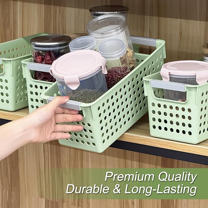 Soddeph Slim Plastic Storage Basket with Handles, Narrow Organizer box for Shelves, Organizer box for Organizing, Kitchen,Home,Office (Green, Small)