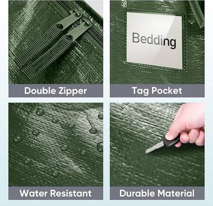 TICONN 2 Pack Extra Large Moving Bags Heavy Duty with Zippers & Carrying Handles, Durable Storage Bags Moving Boxes for Closet Organizers and Storage (2 Pack, Olive)