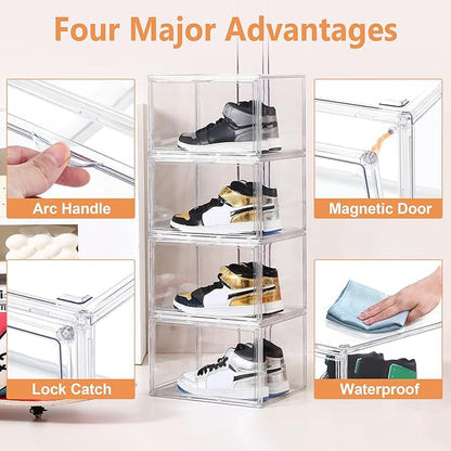 BVBOX Acrylic Shoe Storage Boxes with Magnetic Door - 360° Clear Stackable Shoe Display Box Set, Plastic Shoe Cabinet Rack Box for Sneakers Heels Shoes (1, Clear, XL - Side Open)