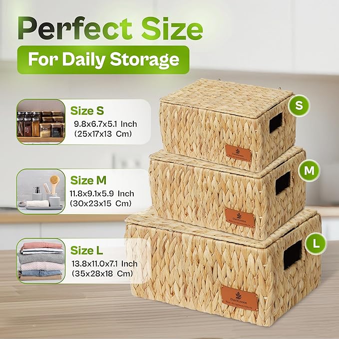 Large Storage Baskets with Lids, Set of 3 Wicker Baskets for Storage, Water Hyacinth Storage Baskets for Shelves, Closet, Blankets, Bedroom & Home Organization