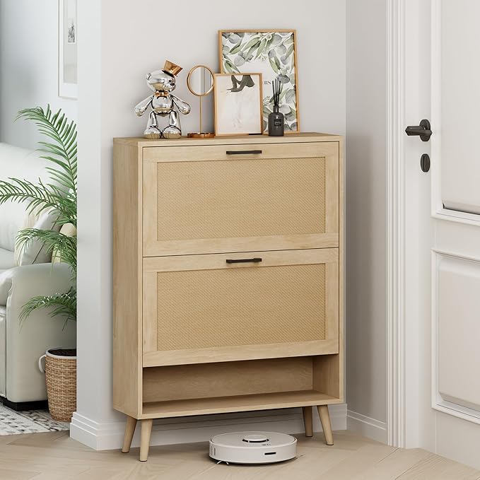 Gadroad Shoe Storage Cabinet with 2 Flip Drawers, Freestanding Shoe Organizer with Wood Legs, Farmhouse Rattan Shoe Rack for Entryway, Living Room, and Bedroom, Natural