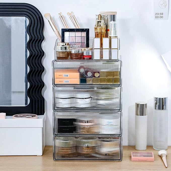5-Tiers Makeup Organizer with Drawer for Vanity, Stackable Bathroom Storage Box for Beauty Essentials, Skincare Products, Cosmetic Brushes, Perfume Stand, Clear Lipsticks Holder