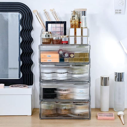 5-Tiers Makeup Organizer with Drawer for Vanity, Stackable Bathroom Storage Box for Beauty Essentials, Skincare Products, Cosmetic Brushes, Perfume Stand, Clear Lipsticks Holder