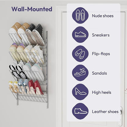 SWTYMIKI Over the Door Shoe Organizer - Adjustable 4 Tier Hanging Shoe Rack Organizer, Metal Heavy Duty Behind Door Storage or Wall Mount Shoes Shelf for Flats, Heels, Sneakers, Boots Sliver