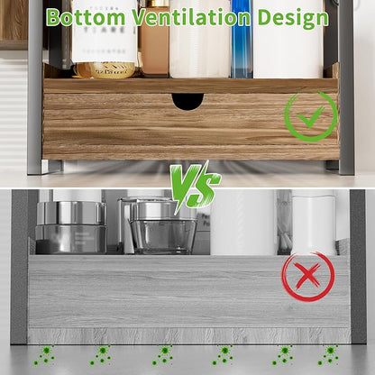 Kottwca 2-Tier Bathroom Counter Organizer with Drawer, Basket & Hooks, Wooden Vanity Shelf for Skincare, Perfume & Makeup Storage(Dark Brown)