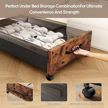 KITHELP Wooden Under Bed Storage with Wheels, Rolling Under the Bed Storage Bins with Removable Lid, Metal Under Bed Drawers for Clothes and Shoes in Bedroom or Living Room(Vintage Brown-1pack)